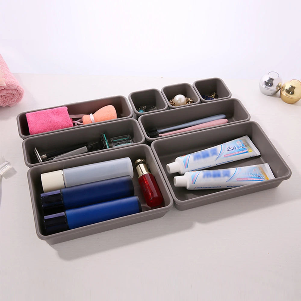8-Piece Adjustable Drawer Organiser Set – Plastic Trays for Kitchen, Makeup & Office